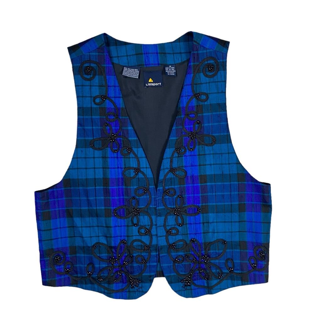 Vintage Liz Claiborne 100% Silk Vest Plaid Lined Beaded Embroidered Medium
